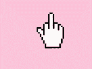 a pixel art hand is giving the middle finger on a pink background .