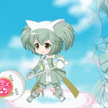 a little girl with green hair is holding a wand with a red circle on it that says ' x ' on it