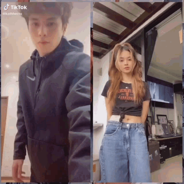 a man and a woman are standing next to each other and the man is wearing a black nike jacket
