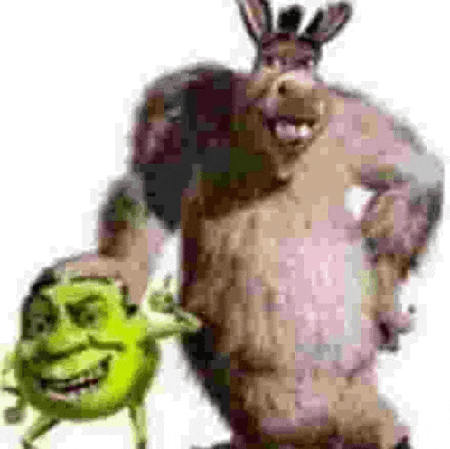 a donkey holding shrek 's head next to a cartoon character .