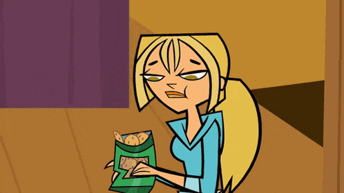 a cartoon of a girl holding a bag of chips