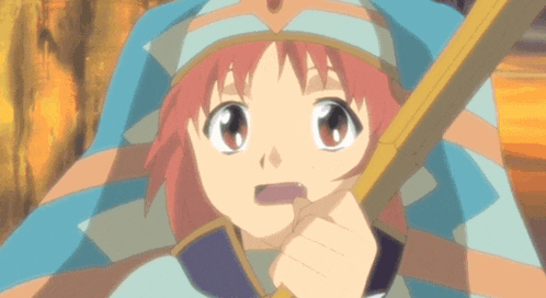 a girl with red hair is holding a sword in her right hand