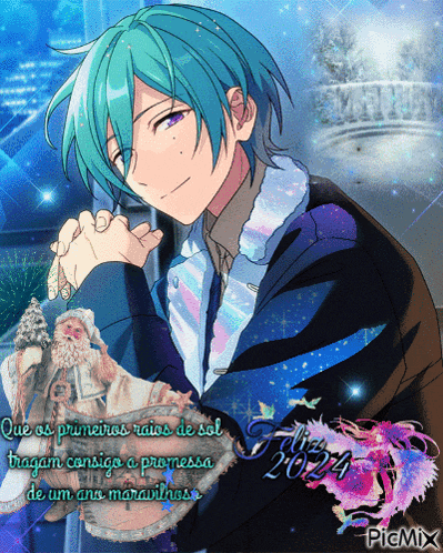 a picture of a boy with blue hair and purple eyes with the year 2024