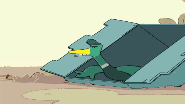 a cartoon duck is sitting in a box with its head out