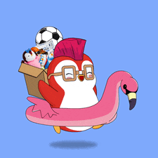 a penguin is carrying a box of stuffed animals and a flamingo float