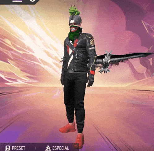 a man with a frog on his head stands in front of an eagle and a preset button