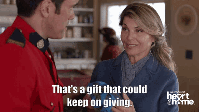 a man talking to a woman with the words that 's a gift that could keep on giving in the corner