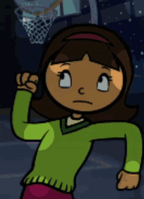a cartoon girl in a green sweater is standing in front of a basketball net