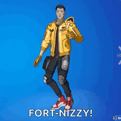 a man in a yellow jacket and black pants is standing in front of a blue background and waving .