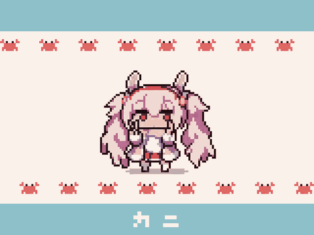 a pixel art drawing of a girl with crabs on the background