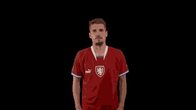 a man in a red shirt with a lion on it