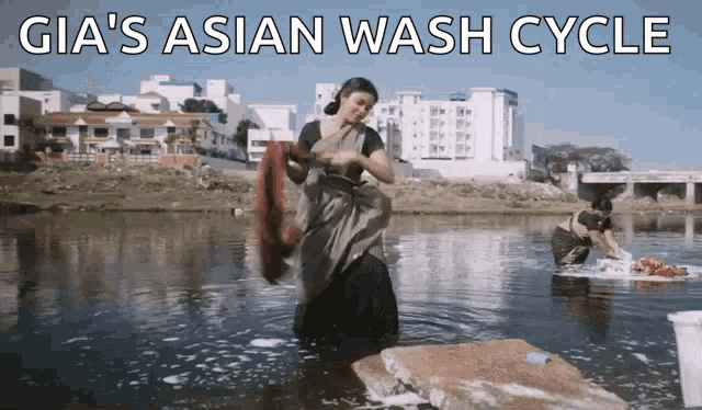 two women are washing clothes in a river with the words gia 's asian wash cycle above them
