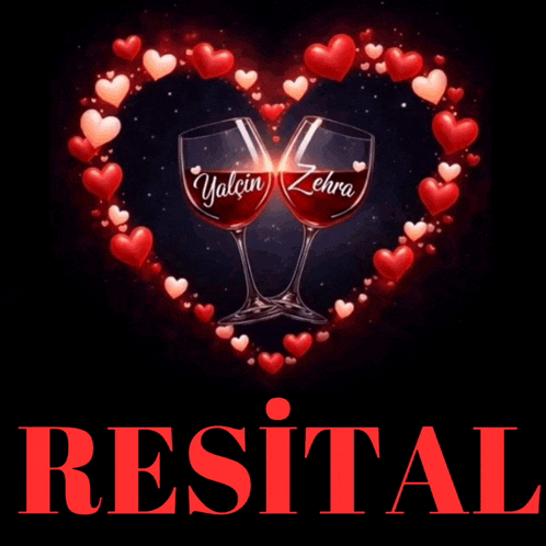 two wine glasses with the names yalcin and zehra on them are surrounded by hearts