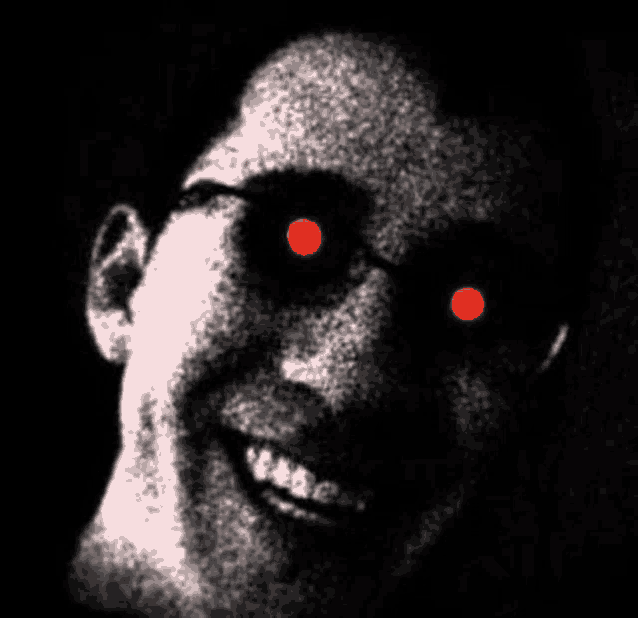 a close up of a person 's face with red eyes and a smile .