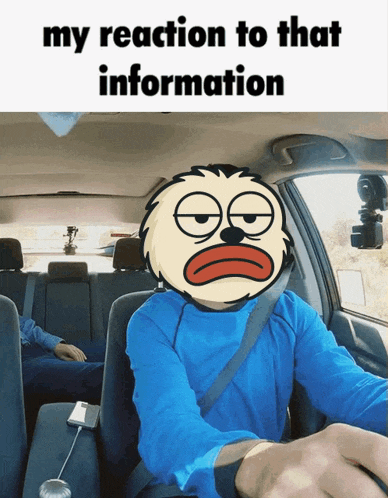 a man in a blue shirt is driving a car and has a cartoon face on his head that says my reaction to that information