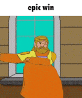 a cartoon man with a beard is standing in front of a window with the words epic win above him