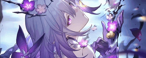 a girl with long purple hair and purple flowers in her hair is holding purple flowers in her hands .