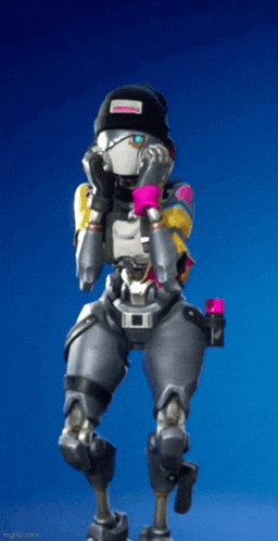 a robot wearing a beanie and holding a pink bottle