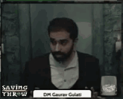 a man with a beard is sitting in front of a saving throw sign