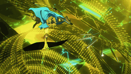 a person in a blue cape is flying through a maze of numbers