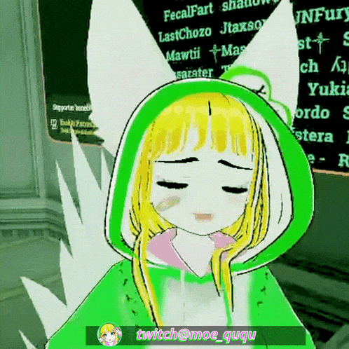 a cartoon of a girl with a green hoodie and a twitch email address