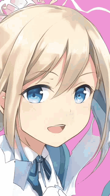 a girl with blonde hair and blue eyes is wearing a white shirt and blue tie