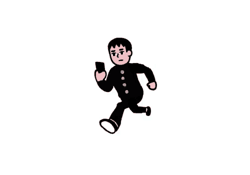 a cartoon of a man running with a cell phone .