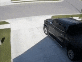 a black truck is parked in a driveway in front of a mailbox .
