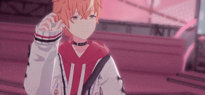 a young anime boy wearing a choker and a red hoodie is standing in front of a pink wall .