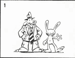a black and white cartoon of a man in a suit and tie standing next to a rabbit .
