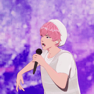 a girl with pink hair singing into a microphone