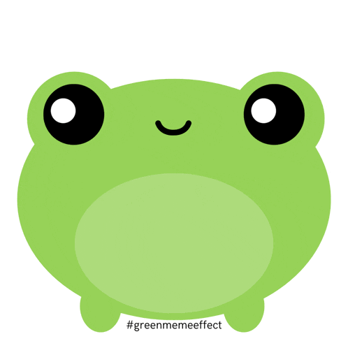 a green frog with black eyes and a pink tongue and the words #greenmemeeffect below it