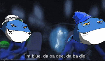 a cartoon of two blue whales with the words i 'm blue da ba dee da ba die