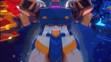 a blue and white robot with a yellow stripe on its chest