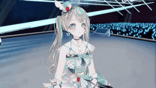 a girl in a white dress is standing in front of a crowd
