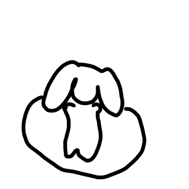 a black and white drawing of a rabbit laying on a pillow