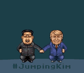a cartoon of donald trump and kim jong un holding hands with the caption very very #jumpingkim