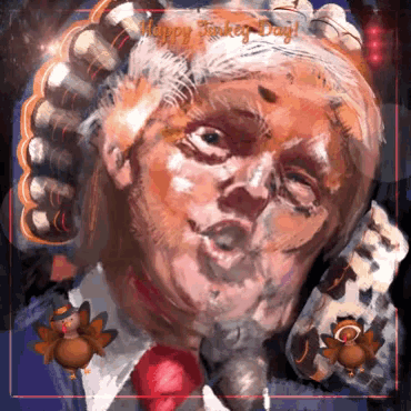 a painting of a man with a turkey on his head with the words happy turkey day