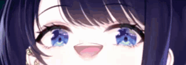 a close up of a girl 's face with blue eyes and a pink tongue .