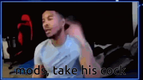 a man is sitting in front of a computer screen with the words `` mods take his cock '' .