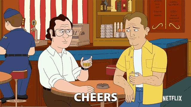 a cartoon of two men sitting at a table with the word cheers on the bottom