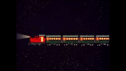 a christmas train is going through the night sky with a red engine .