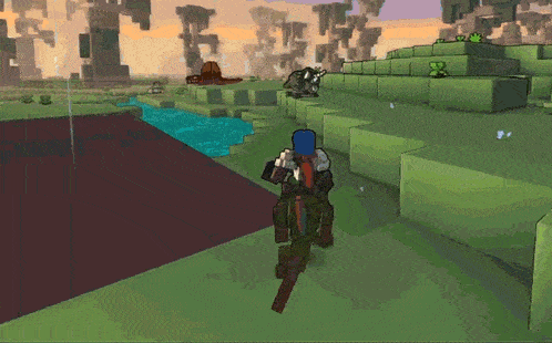 a person in a blue hat is walking through a minecraft world