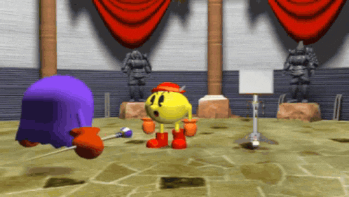 pac man and a purple ghost are in a room with statues