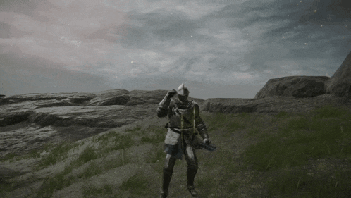 a knight in armor stands in a grassy field