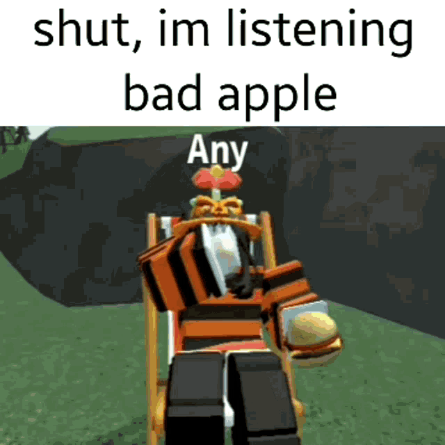 a cartoon character is sitting in a chair with a hamburger in his hand and the words shut im listening bad apple any below him
