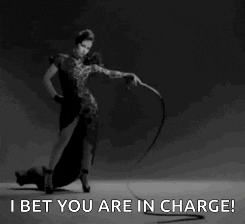 a black and white photo of a woman holding a whip with the words " i bet you are in charge " below her