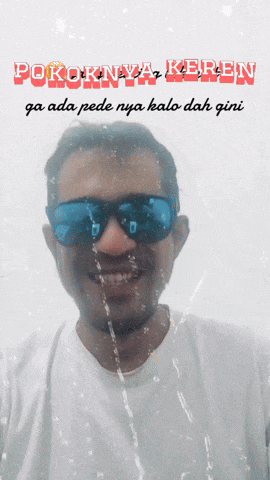 a man wearing sunglasses and a white shirt with the words " pokoknya keren " above him