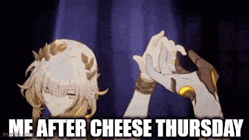 a couple of anime characters are holding hands with the words `` me after cheese thursday '' written below them .
