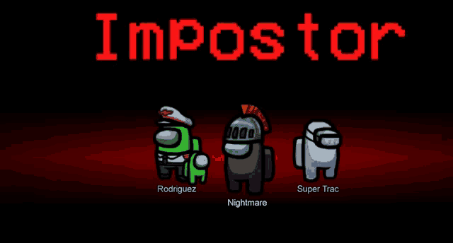 three among us characters are on a red background with the words impostor
